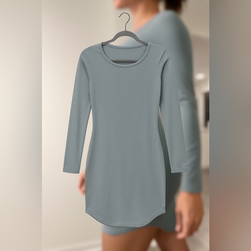 Gray Long Sleeve Bodycon Mini Dress Soft Cotton Casual Fitted Lounge Size M